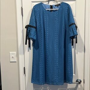 Eloquii Blue Lace Midi Dress with Black Ribbon Details. Special occasion.